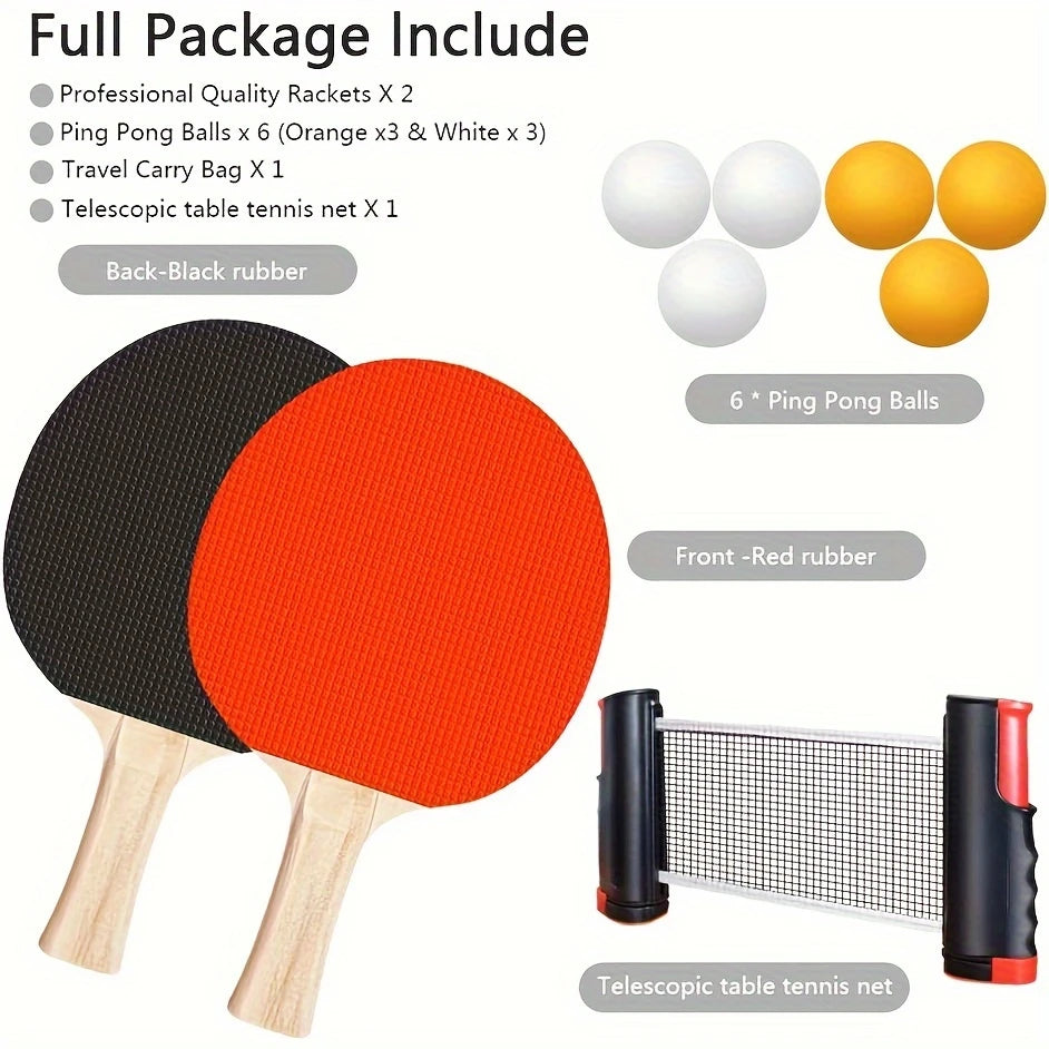 Ping Pong Paddle Set, Portable Table Tennis Set with Retractable Net & Carry Bag,40+ Pingpong Balls Indoor/Outdoor Games，Gift
