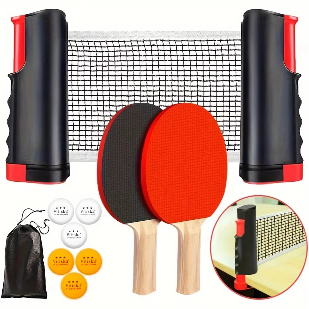 Ping Pong Paddle Set, Portable Table Tennis Set with Retractable Net & Carry Bag,40+ Pingpong Balls Indoor/Outdoor Games，Gift